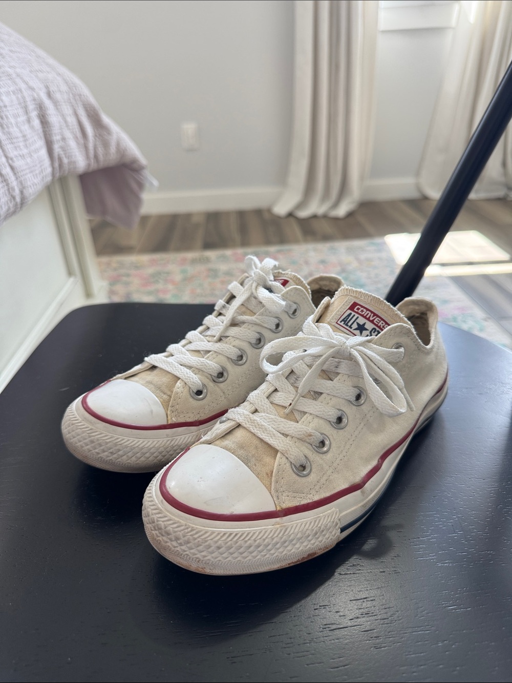 Converse Low Top Canvas Sneakers in White with Red Trim